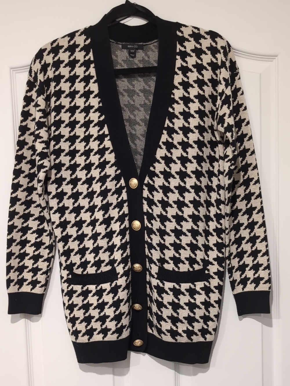 RW&CO Elegant Black & Cream Houndstooth Button-Front Long Cardigan With Pockets